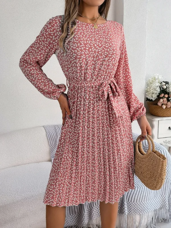 537464879 Ditsy Floral Tie Waist Pleated Dress