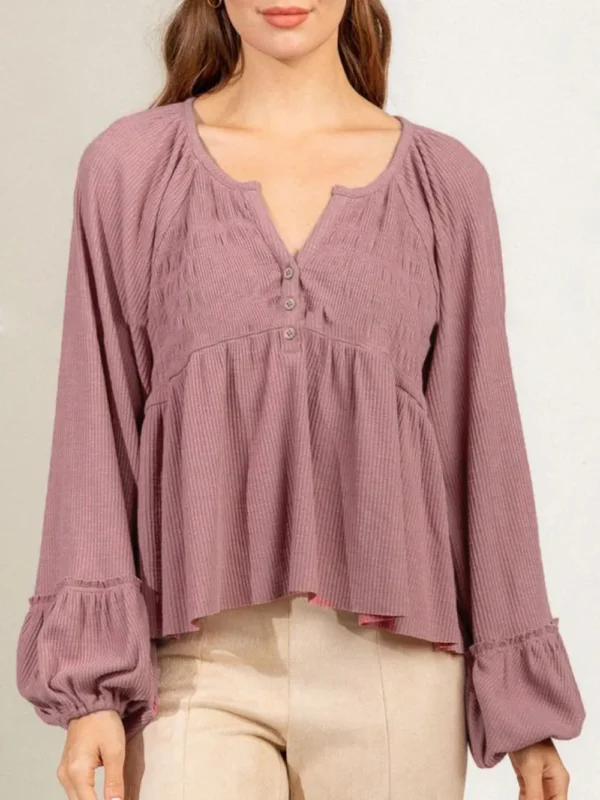 537464775 Notched Balloon Sleeve Peplum Blouse