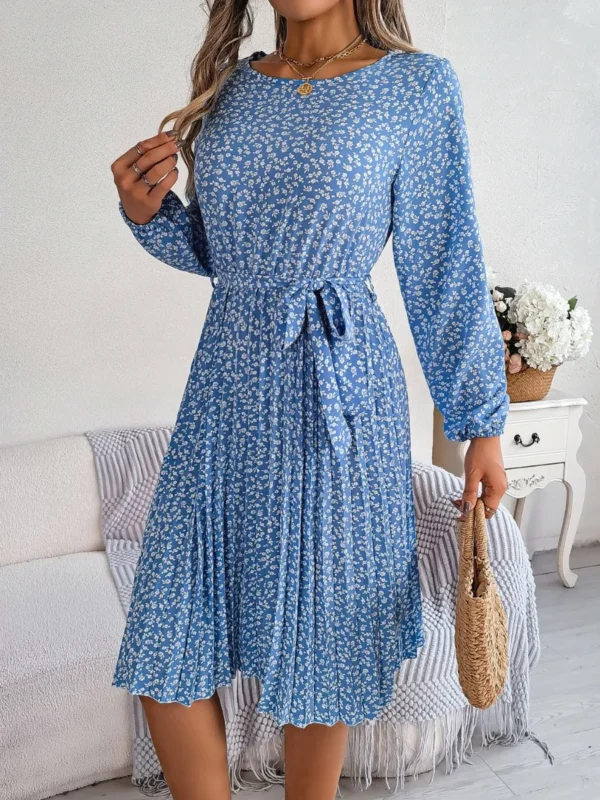 537464874 Ditsy Floral Tie Waist Pleated Dress