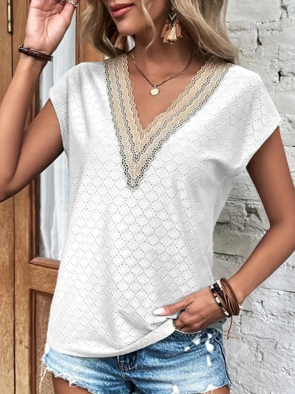 537464784 Eyelet V-Neck Cap Sleeve Blouse