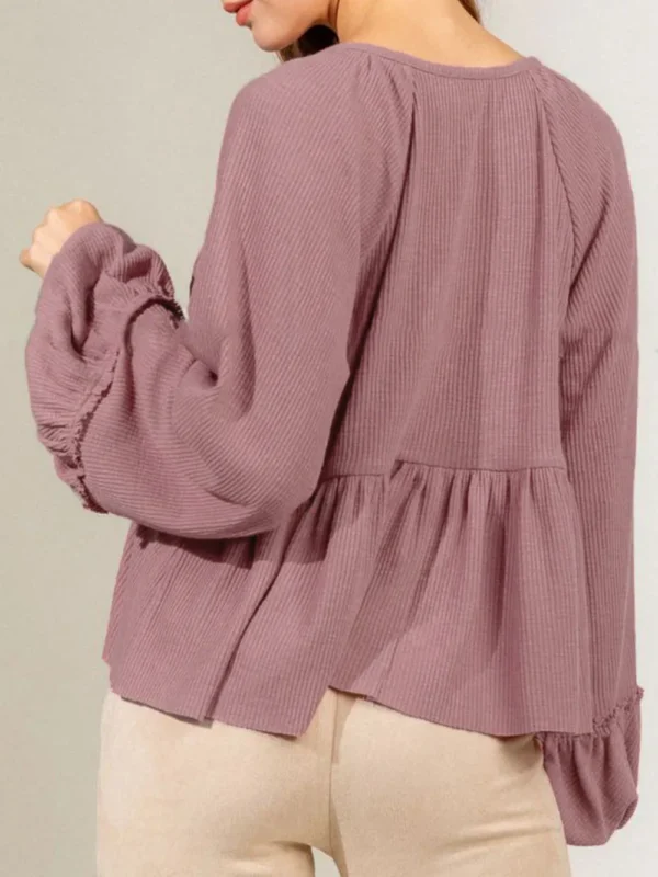 537464776 Notched Balloon Sleeve Peplum Blouse