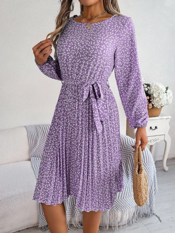537464889 Ditsy Floral Tie Waist Pleated Dress