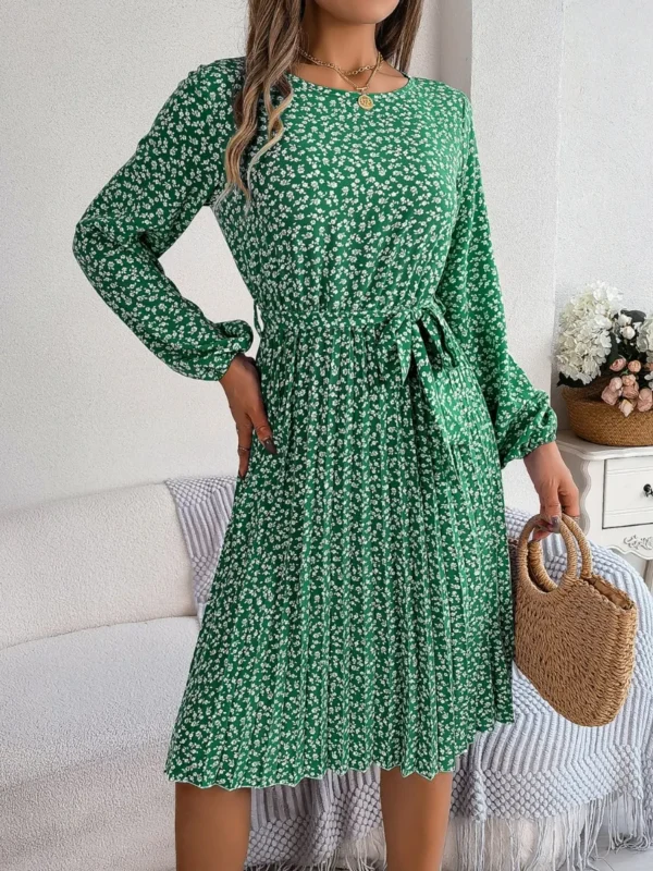 537464895 Ditsy Floral Tie Waist Pleated Dress