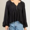 Notched Balloon Sleeve Peplum Blouse