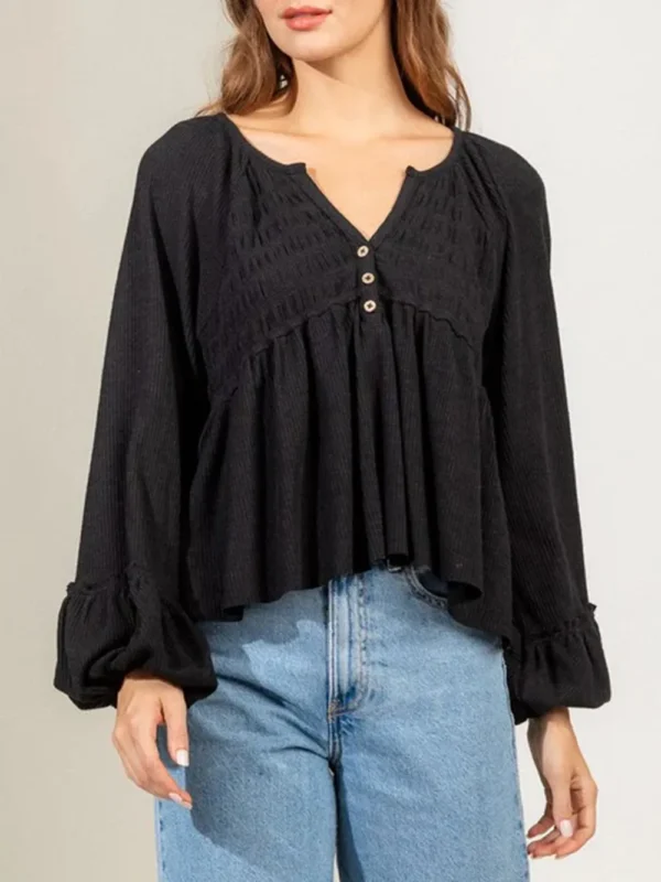 537464769 Notched Balloon Sleeve Peplum Blouse
