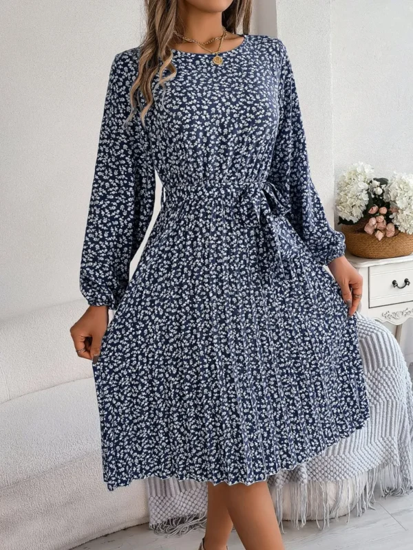 537464880 Ditsy Floral Tie Waist Pleated Dress