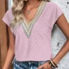 Eyelet V-Neck Cap Sleeve Blouse