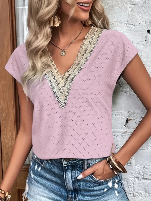 537464789 Eyelet V-Neck Cap Sleeve Blouse