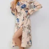 Slit Printed Square Neck Flounce Sleeve Dress