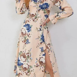 Slit Printed Square Neck Flounce Sleeve Dress