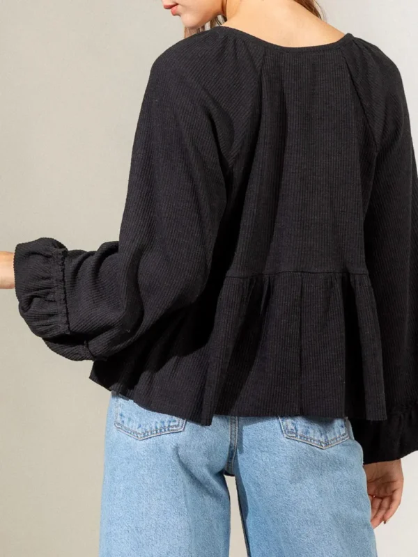 537464770 Notched Balloon Sleeve Peplum Blouse