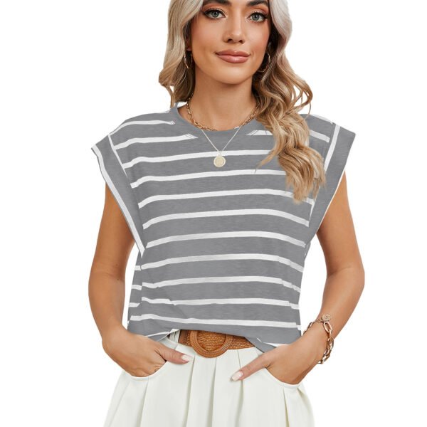 537464803 Striped Round Neck Cap Sleeve T-Shirt