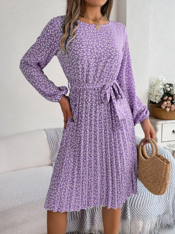 537464890 Ditsy Floral Tie Waist Pleated Dress
