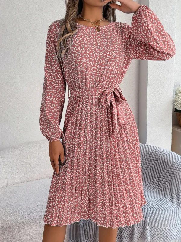 537464877 Ditsy Floral Tie Waist Pleated Dress