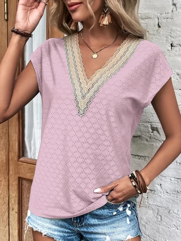 537464787 Eyelet V-Neck Cap Sleeve Blouse