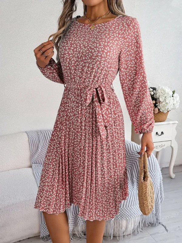 537464878 Ditsy Floral Tie Waist Pleated Dress