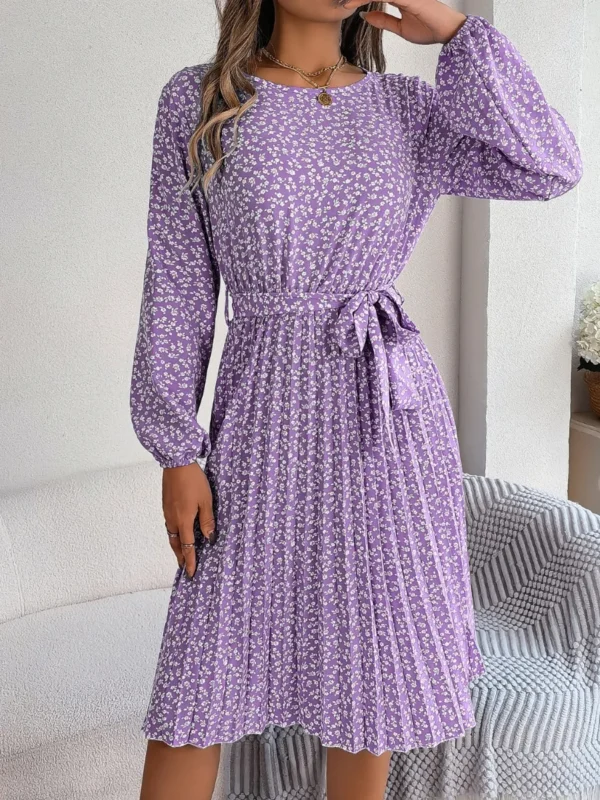 537464888 Ditsy Floral Tie Waist Pleated Dress