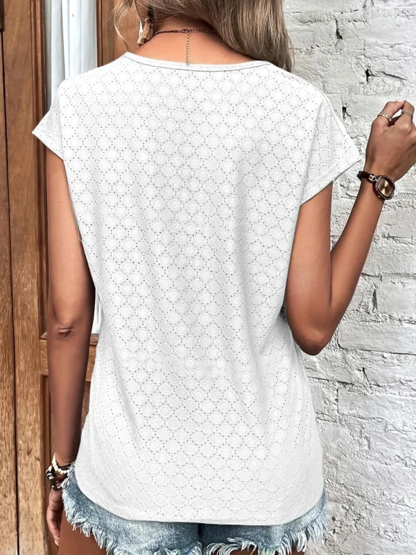 537464785 Eyelet V-Neck Cap Sleeve Blouse