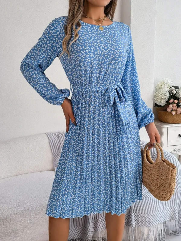 537464872 Ditsy Floral Tie Waist Pleated Dress