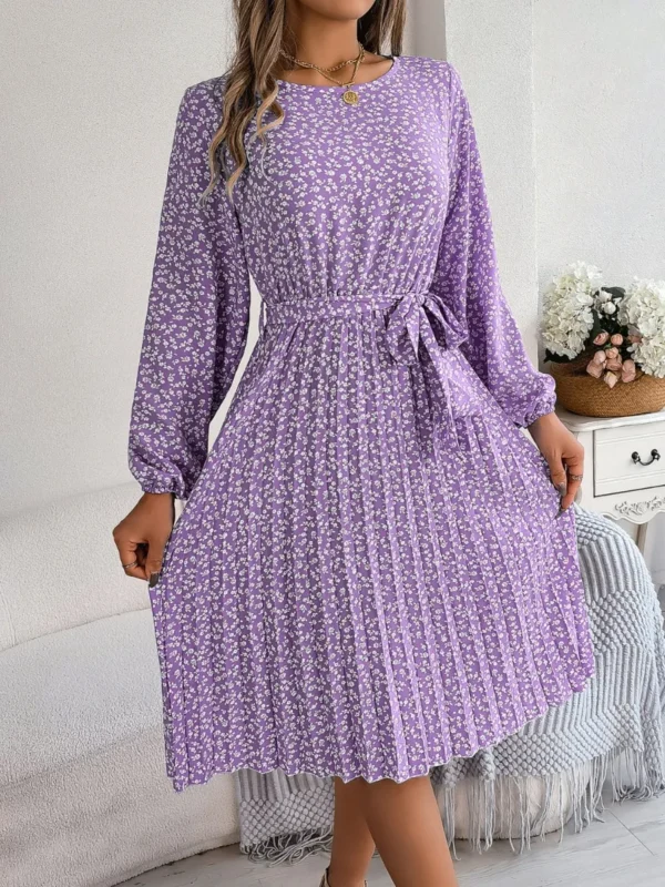 537464886 Ditsy Floral Tie Waist Pleated Dress