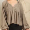 Notched Balloon Sleeve Peplum Blouse