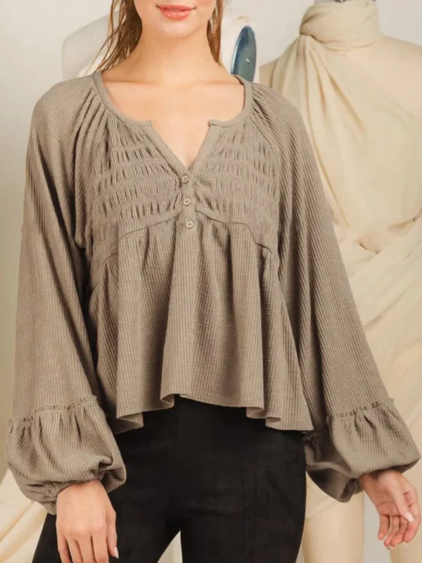 537464778 Notched Balloon Sleeve Peplum Blouse