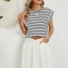 Striped Round Neck Cap Sleeve T-Shirt