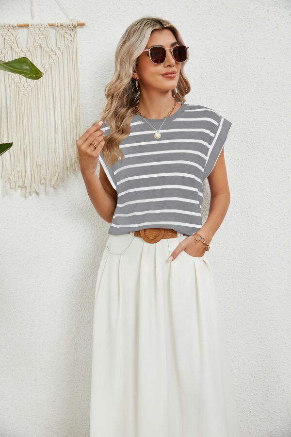 537464804 Striped Round Neck Cap Sleeve T-Shirt