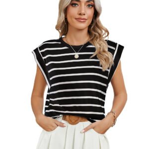 Striped Round Neck Cap Sleeve T-Shirt