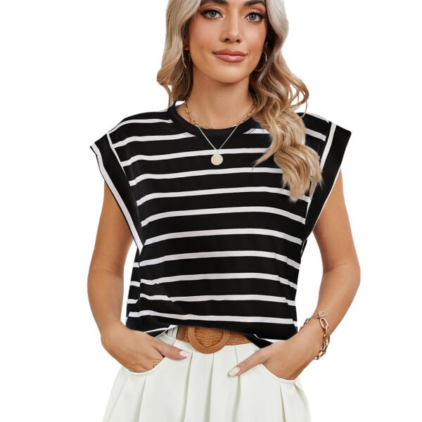 537464799 Striped Round Neck Cap Sleeve T-Shirt