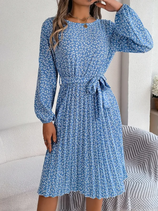 537464873 Ditsy Floral Tie Waist Pleated Dress