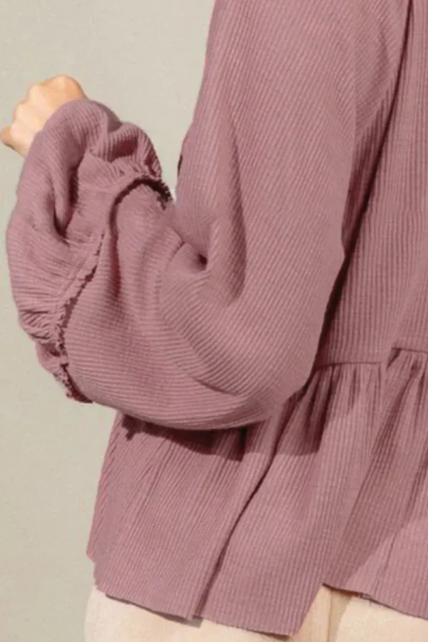 537464777 Notched Balloon Sleeve Peplum Blouse