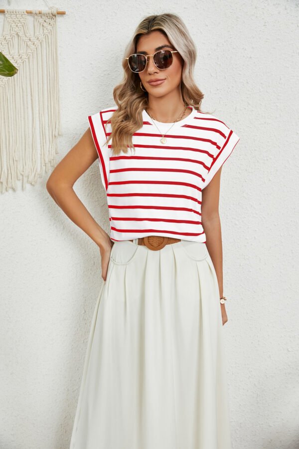 537464806 Striped Round Neck Cap Sleeve T-Shirt