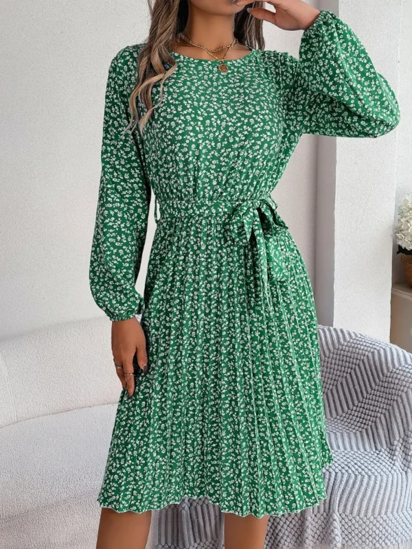 537464893 Ditsy Floral Tie Waist Pleated Dress