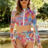 Printed Zip Up Three-Piece Swim Set
