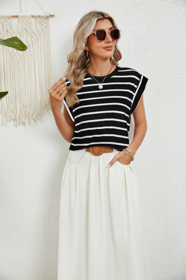 537464809 Striped Round Neck Cap Sleeve T-Shirt