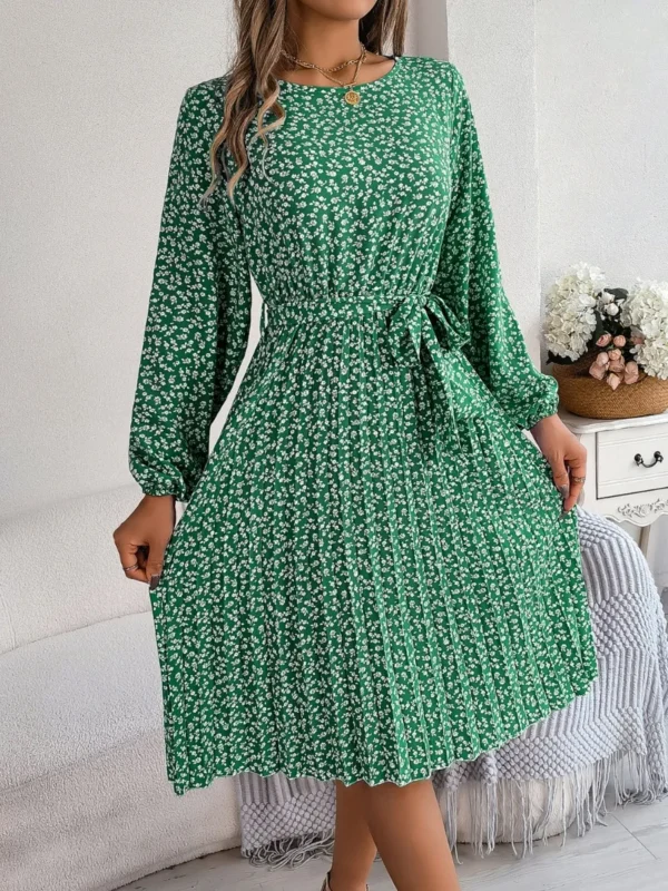 537464891 Ditsy Floral Tie Waist Pleated Dress