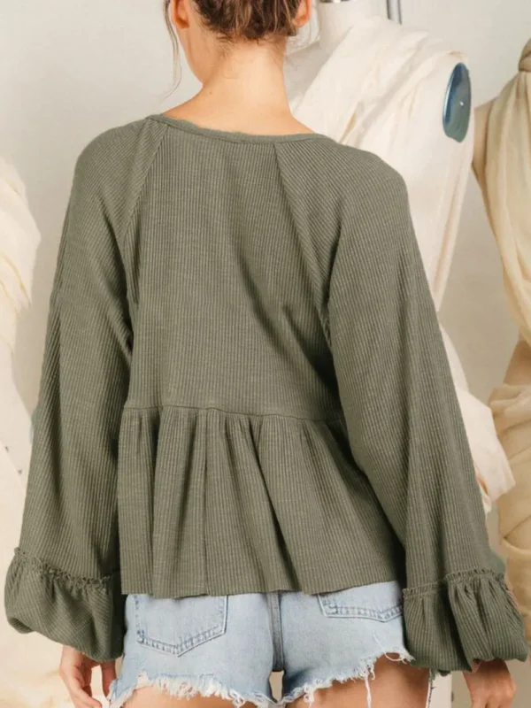 537464767 Notched Balloon Sleeve Peplum Blouse