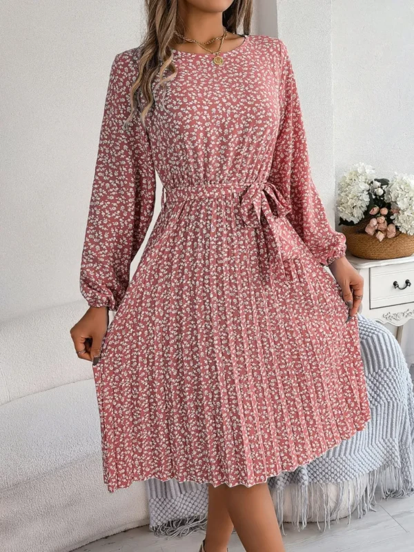 537464875 Ditsy Floral Tie Waist Pleated Dress