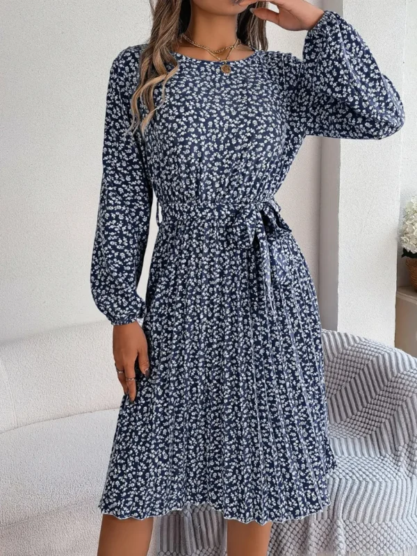 537464883 Ditsy Floral Tie Waist Pleated Dress