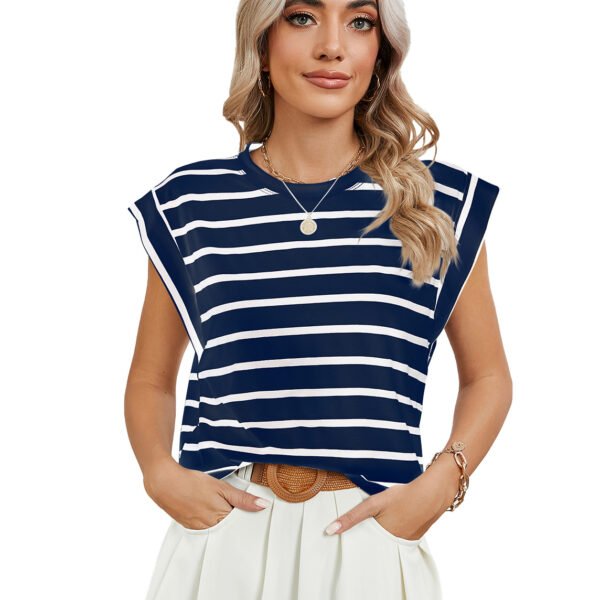 537464801 Striped Round Neck Cap Sleeve T-Shirt