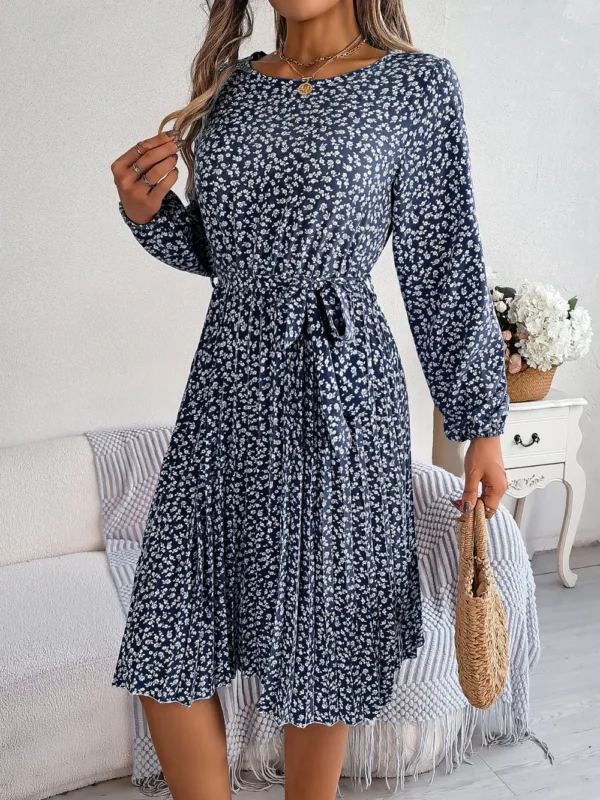 537464882 Ditsy Floral Tie Waist Pleated Dress