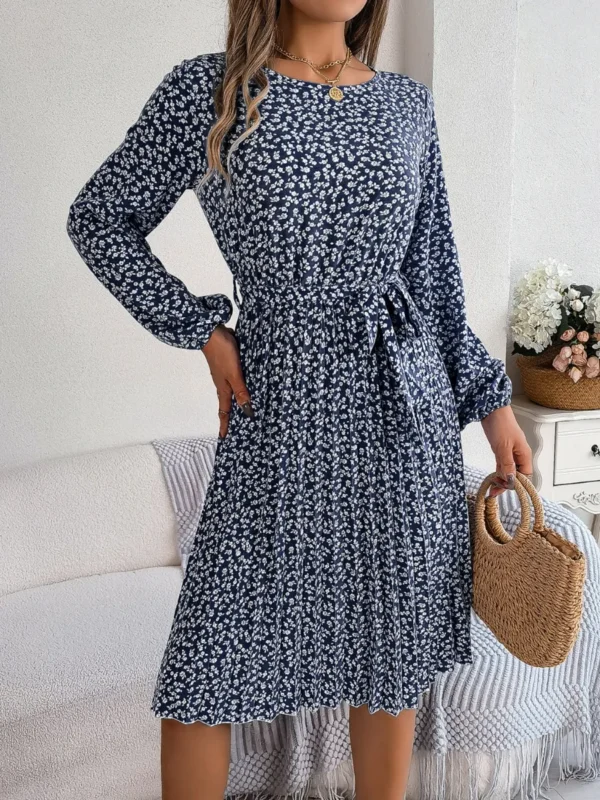 537464885 Ditsy Floral Tie Waist Pleated Dress