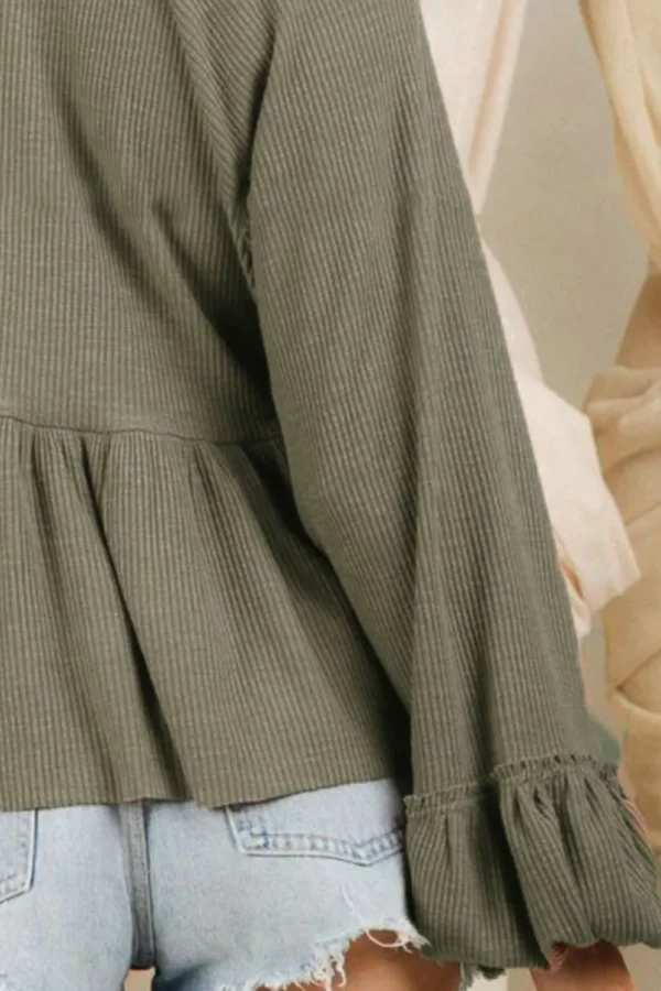 537464768 Notched Balloon Sleeve Peplum Blouse