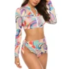 Printed Zip Up Three-Piece Swim Set