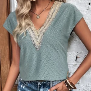 Eyelet V-Neck Cap Sleeve Blouse