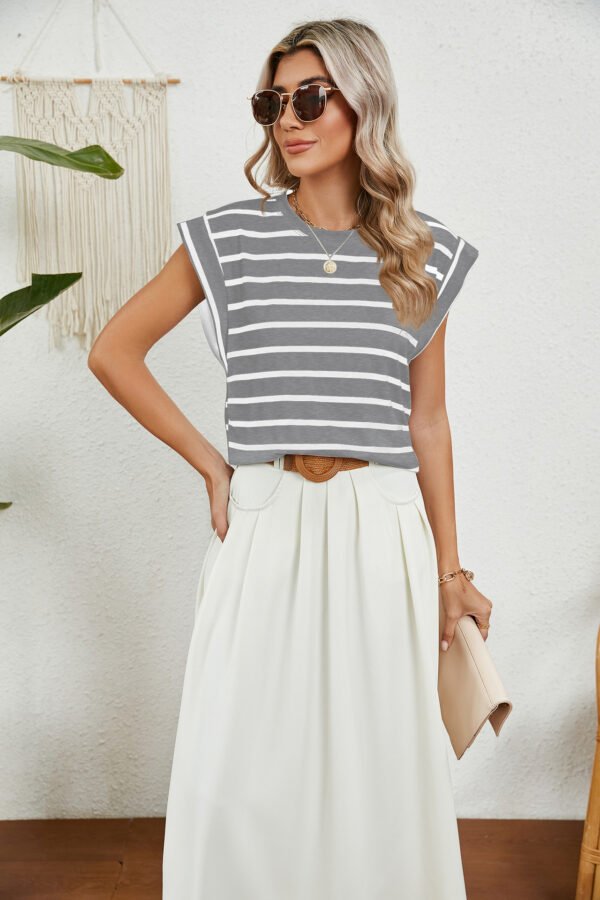 537464805 Striped Round Neck Cap Sleeve T-Shirt