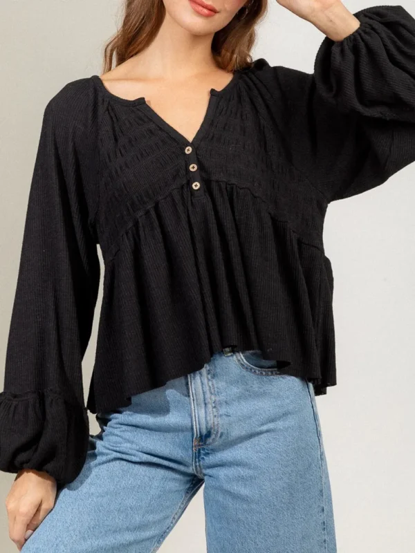 537464771 Notched Balloon Sleeve Peplum Blouse