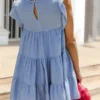 Ruched Round Neck Cap Sleeve Mini Dress
