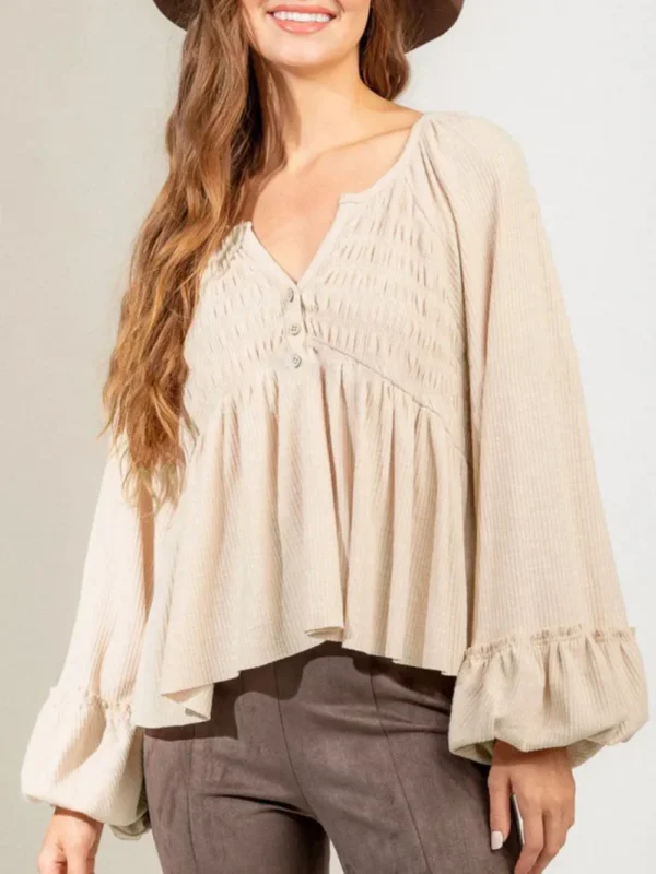 537464772 Notched Balloon Sleeve Peplum Blouse